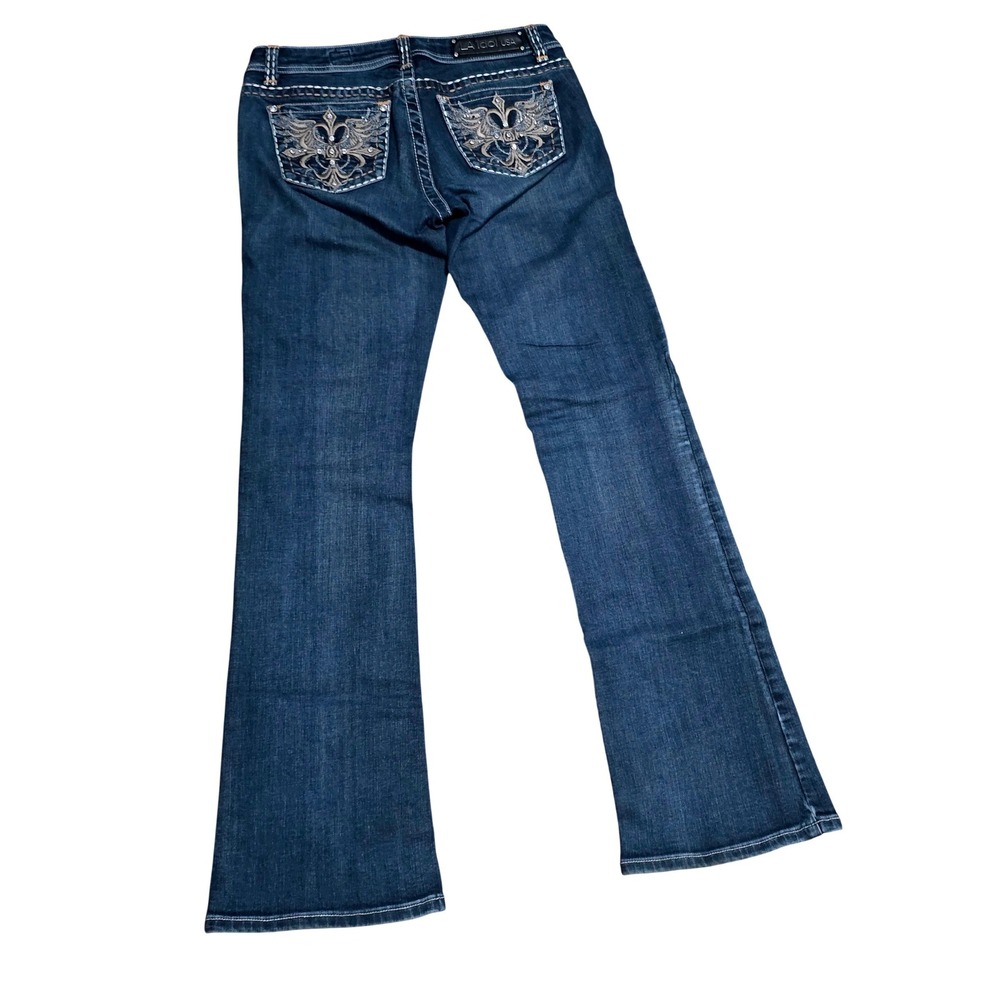 LA Idol USA Women Dark‎ Wash Rhinestone Fleur De Lis Bootcut Jeans Sz 9 Low Rise